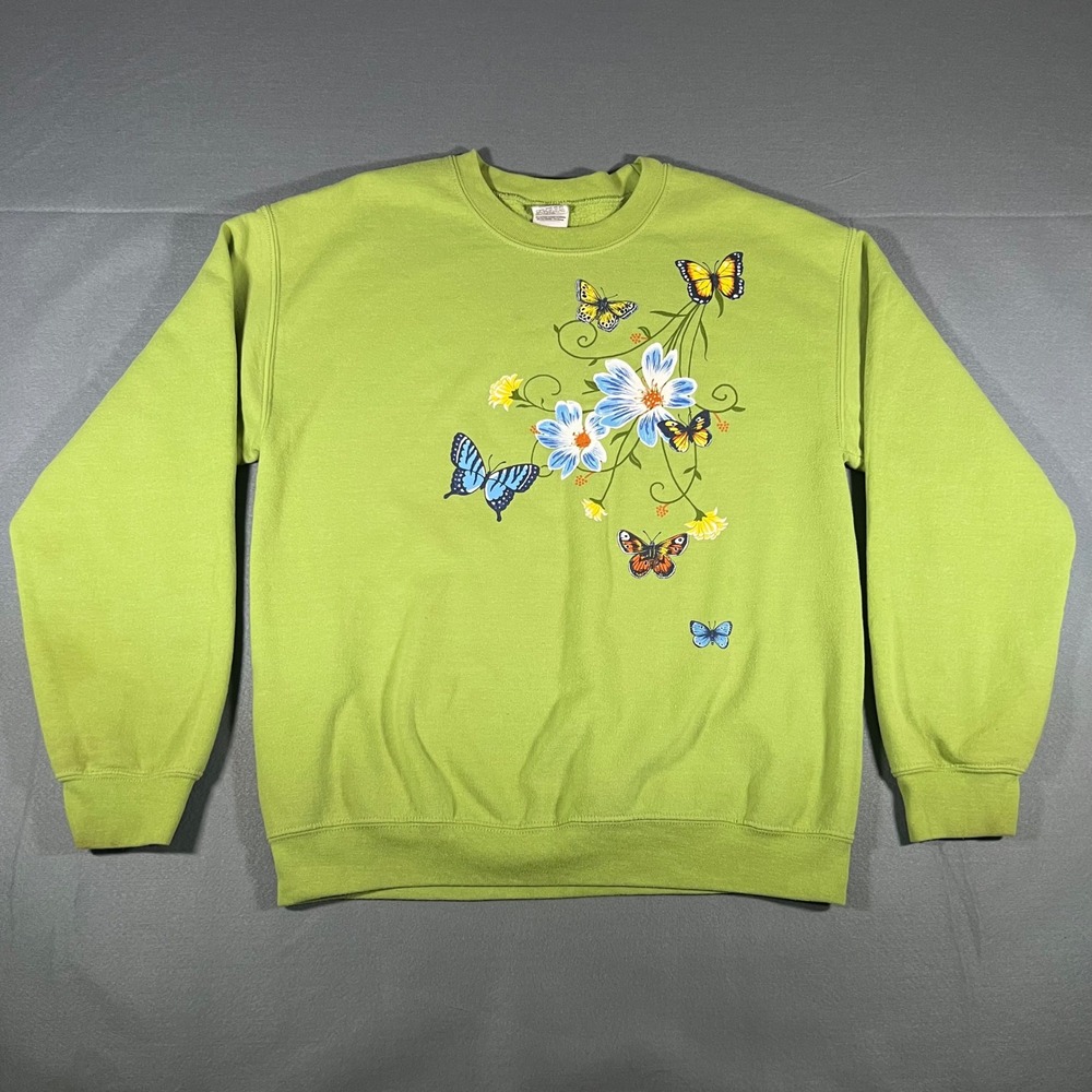 Gildan Flowers Butterflies Graphic Print Crewneck Sweatshirt - Medium